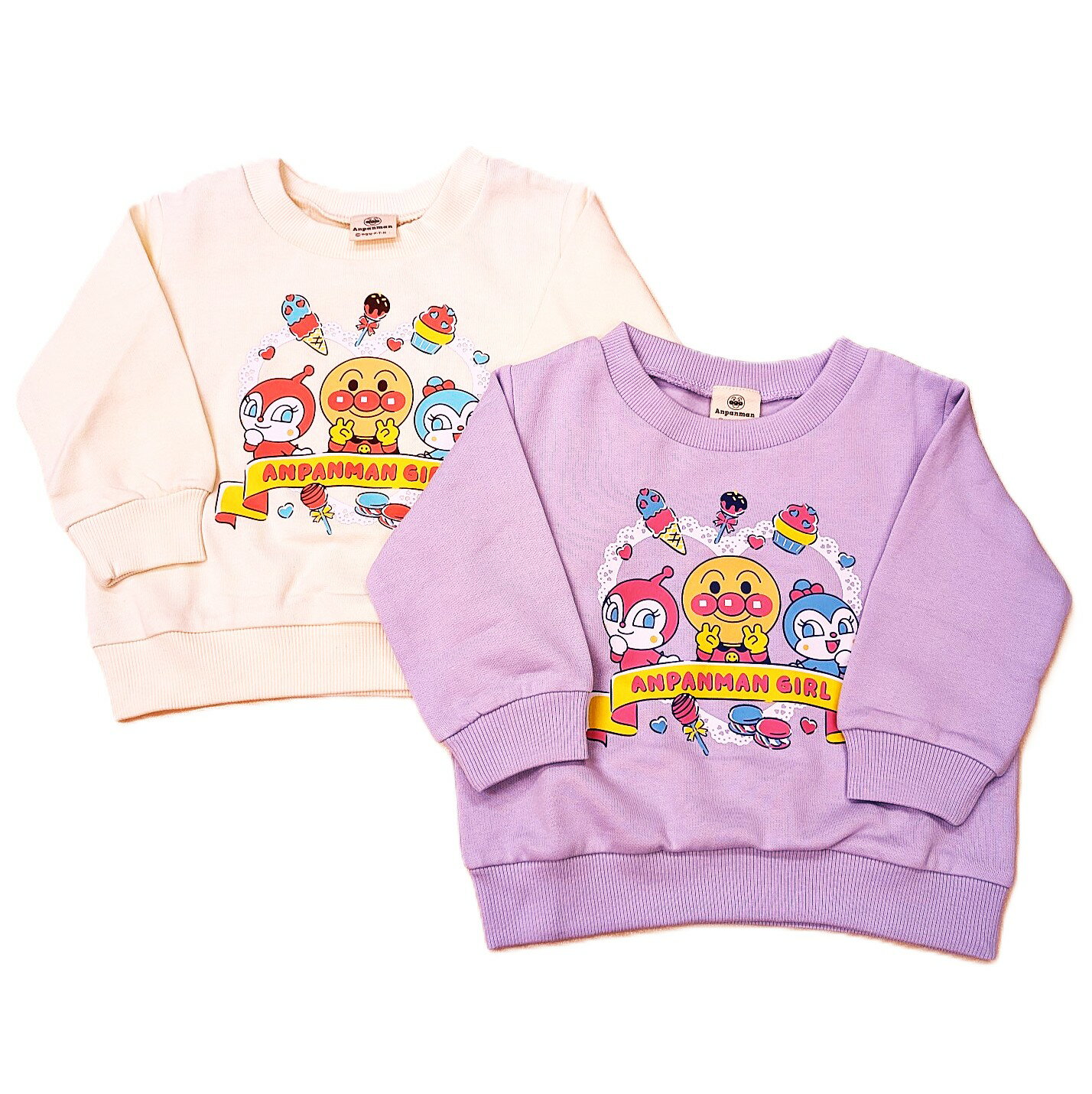 アンパンマン　ドキンちゃん　コキンちゃん　裏毛起毛　スウエットシャツ　トレーナー　長袖　女の子　ベビー　キッズ　子供　アイボリー　パープル　プリント　TVキャラクター　お菓子　秋　冬　春　服　90cm　95cm　100cm(4)