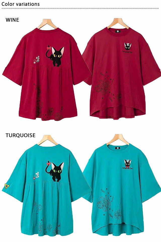 ラミ＆アール リボン付けたラミとアール レディース半袖Tシャツ LIN レディース AL-75072 黒猫 ネコ 鼠 ねずみ[new]
