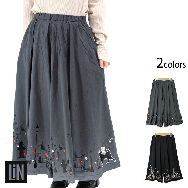 楽天和柄専門店のサクラスタイルラミ＆アール「猫の住む街」総刺繍キュロット LIN レディース AL-75753 ネコ 鼠 和柄[new]