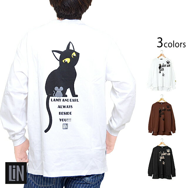凛としたラミが美しいオーバーサイズロングTシャツ LIN AL-75054 ラミ&アール 刺繍 ゆったりめ 黒猫 ネコ 鼠[new]