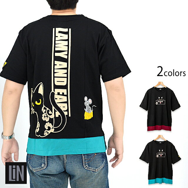 楽天和柄専門店のサクラスタイルラミ＆アール ロゴレイヤードTシャツ LIN AL-75070 黒猫 ネコ ねこ 鼠 ネズミ 和柄[new]