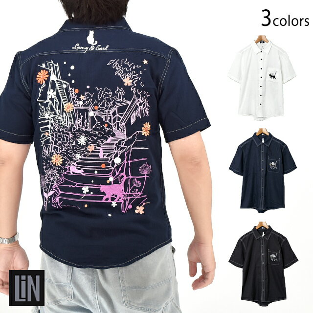 ラミ＆アール 路地裏の猫たち半袖シャツ LIN AL-75771 黒猫 ネコ ネズミ 刺繍[new]