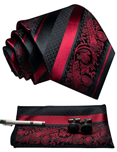 [JEMYGINS] メンズ ネクタイ ワインレッド ストライプ ピン カフス ボタン チーフ ビジネス 就活 結婚..