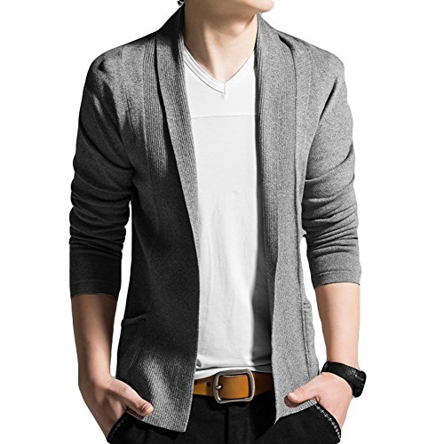 [チーアン] メンズ カーディガン 羽織 襟付き ニットカーディガン カーデ ストレッチ コットン 着回し ジャケット風 ライトグレー L