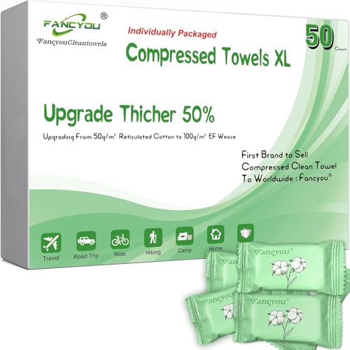 Fancyou 圧縮タオル 大判 防災 綿 厚手50個 クサイズ 30cm x 23cm,コンパクトタオル 災害,コットン ティッシュ 使い捨てフェイスタオル,旅行、出張、ホテル、車内、キャンプ、財布、学生に最適。(JP-CT-XL-IW-50)