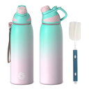 FJbottle 水筒 1リットル 真空断熱 スポーツボトル 保温 保冷 スポーツ飲料対応 1l すいとう 広口 洗いやすい ステンレスボトル マグボトル 洗浄用スポンジ付き 女の子 男の子 おしゃれ 大人 子供 アウトドア グラデーション ピンク×グリーン