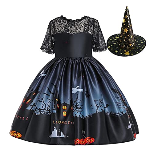 [Ansimple] ハロウィン コスチューム 2点セット ドレス+帽子 魔女 悪魔 ウィッチ 可愛い ワンピース 子供ドレス 子供 女の子 イベント パーティー クリスマス 仮装 発表会 演出 (140CM)