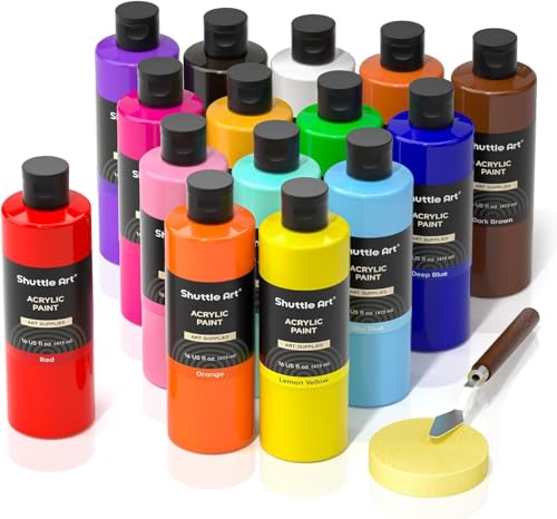 Shuttle Art アクリル絵の具 15色 473ml 大容量 絵の具セット ナイフ スポンジ付き 速乾 耐水 耐久 伸..