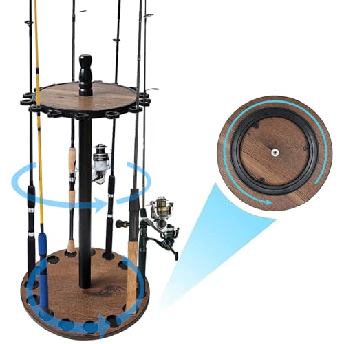 timiland ロッドスタンド 【ウォールナットカラー】丸型デザイン360度回転釣竿 スタンド 釣15本の釣り..