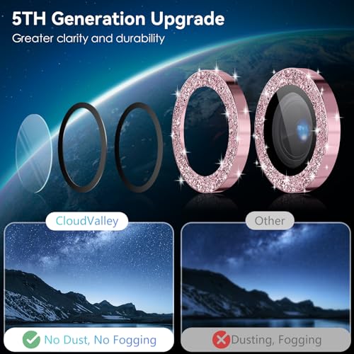 CloudValley カメラフィルム iPhone 15 Plus/iPhone 15用 カメラ レンズ保護カバー ウルトラHD強化ガラスカメラカバー [ケースフレンドリー] メタル個別レンズスクリーン保護リング グリッターピンク