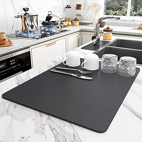 水切りマット 珪藻土 速乾吸水マット 食器乾燥マット 丸めて収納 滑り止 皿置き 速乾性 耐油性 お手入れ簡単 (30X40CM, グレー)