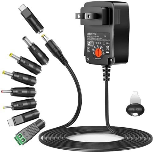 POWSEED 12W マルチ電圧 ACアダプター 3V 4.5V 5V 6V 7.5V 9V 12V ユニバサル 家電用1000mA電源 LEDストリップ ルーター スピーカー モニター ビデオ 防犯カメラ カメラ用アダプタ 5.5*2.1mm DCジャック 変換 Type-C付き