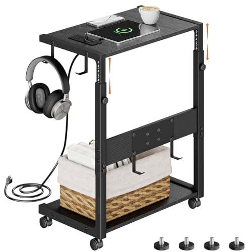 EKNITEY サイドテーブル cpuスタンドキャスター付き コンセント付き高さ調整pcワゴン 多機能パソコンラ..