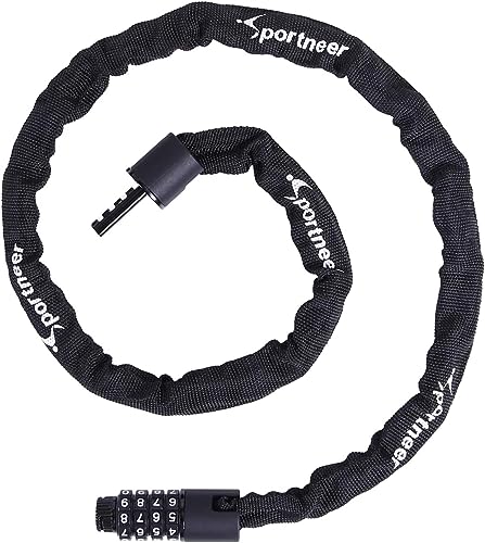 Sportneer 自転車 鍵 チェーンロック 自転車の鍵 4桁ダイヤル式 自転車ロック 軽量 長さ100cm 重さ340g バイクロック パスワード自由設定 カギ不要 黒 4mm チェーン ダイヤルロック 盗難防止 日本語取扱説明書付き