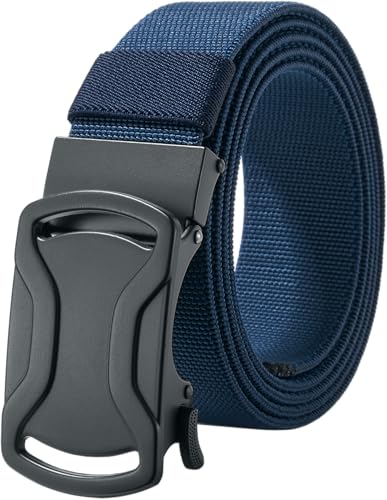 [LionVII] ベルト メンズ 伸縮 - オートロック式 ナイロンベルト 作業 スポーツ 登山 ゴルフ - アウトドア ベルト 伸びる 穴なし 無段階調節 合金製の自動バックル【幅35mm長120cm】 (ネイビーブルー)