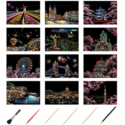 JANLOFO 12枚セット スクラッチアート 大人 スクラッチペーパー A4サイズ スクラッチアートペン付き 手..