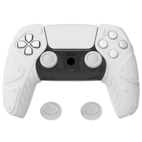 PlayVital ps5コントローラーに対応するカバー、人間工学に基づいたソフトコントローラーシリコングリップ部分だけに対応するケース、ps5コントローラーに対応する親指スティックキャップ付き、充電スタンドには使用できる【メカエディション-ホワイト】