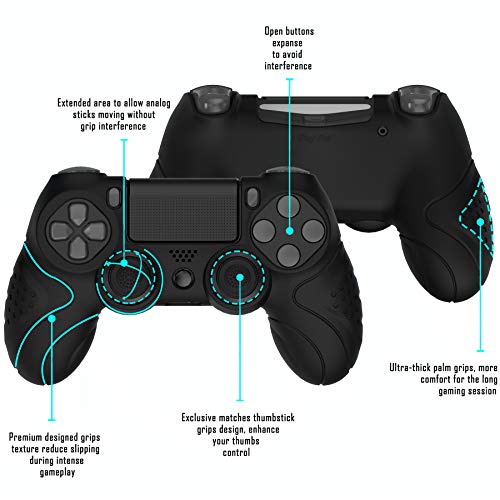 PlayVital ps4に対応する人間工学に基づいたソフト滑り止めコントローラーシリコンケースカバー、ps4 Slim/Proコントローラーに対応するジョイスティックキャップ付き【ブラック】