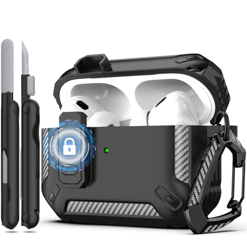 RFUNGUANGO AirPods Pro 第 2 世代ケースカバー クリーナーキット付き、AirPod Gen 2 充電ケース 2023、2022 用ロック付きミリタリーハードシェル保護アーマー、フロント LED 可視、ブラック