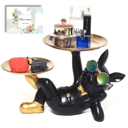 【Haodeliy-2枚お皿付】寝そべっている犬さん 2枚掲げているゴールドの収納トレイ付 フレンチブルドック ギフトカード付 皿を捧げる犬さん 置物 眼鏡付き 面白い 誕生日プレゼント ク リエイティブ 飾り 犬オーナメント 鍵置き