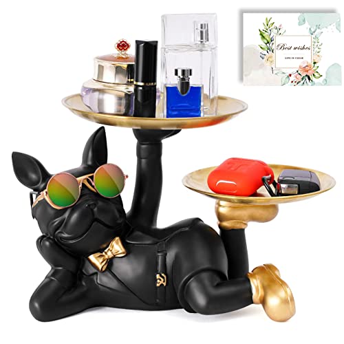 【Haodeliy-2枚お皿付】寝そべっている犬さん 2枚掲げているゴールドの収納トレイ付 お面白い姿 フレンチブルドック ギフトカード付 皿を捧げる犬さん 置物 眼鏡付き 面白い 誕生日プレゼント ク リエイティブ 飾り 犬オーナメント 鍵置き