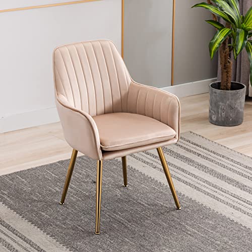 Altrobene ダイニングチェア 肘付き おしゃれ 北欧 椅子 ゴールド脚付き ベルベット ドレッサーチェア カフェバー ホーム オフィス レストラン用 オフイスチェア デスクチェア コンピュータ メイクアップチェア ライトキャメル