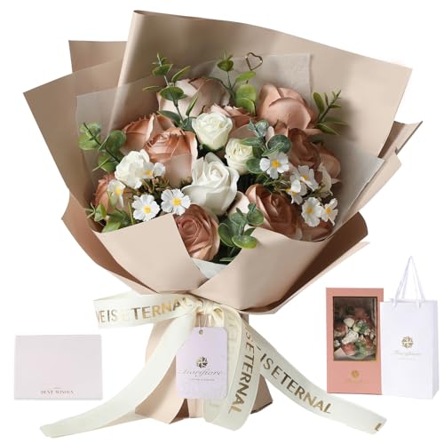 Fiorifiore 人気 ソープフラワー 母の日 花束 プレゼント ギフト 父の日 誕生日 造花 バラ 18本 女性 結婚祝い 退職 送別 インテリア (Cappuccino)