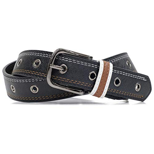 [BEEL] ベール おしゃれなカラーステッチが印象的なカジュアルベルト メンズ 合成皮革 ピンホール ブラ..