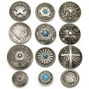 コンチョ ボタン 12個セット ねじ式 アンティーク シルバー 20mm~33mm ターコイズ 唐草 インディアン 龍 五芒星 さくら レザークラフト 財布 手芸