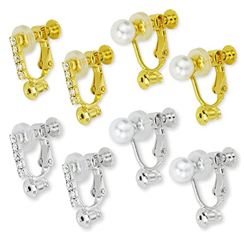イヤリングコンバーター ネジ式 横型 パール ラインストーン付き ゴールド シルバー 2種4ペア