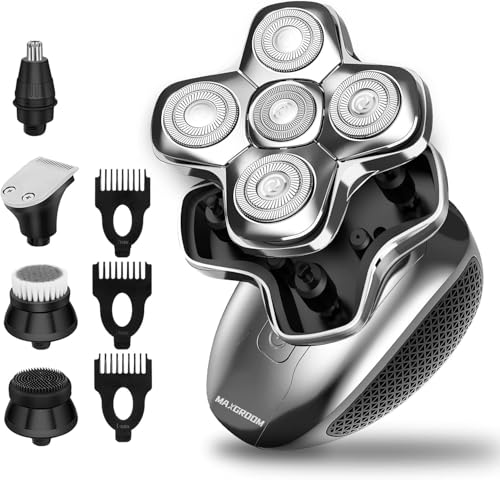 MAXGROOM スキンヘッド用シェーバー 電動シェーバー スキンヘッド メンズ 洗顔ブラシ スキンケア 坊主用 髭剃り 鼻毛カッター 多機能 IPX6防水 乾湿両用 充電式 自動研磨機能 LEDディスプレイ プレゼント ギフト 父の日