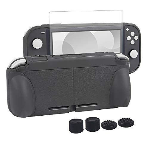 switch liteカバー スイッチライト 任天堂 ケース TPU素材 一体式 全面保護 耐衝撃 特殊ハンドル 薄型軽量 着脱簡単 防水防塵 頑丈 スタンド機能 スティックカバー4つ 液晶保護フィルム1枚付き 6点セット(グレー)