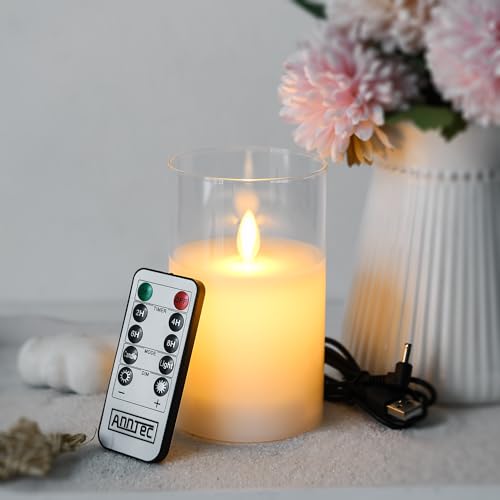 AnnTec LEDキャンドルライト 【USB充電式】 ロウソク 本物の炎のようにゆらめく 暖色光 火を使わない ゆらゆら揺れる 安全 省エネ 専用リモコン付き 明るさ調整 充電式 LEDキャンドル ガラス ホワイト （直径7.5cm×高さ10cm）