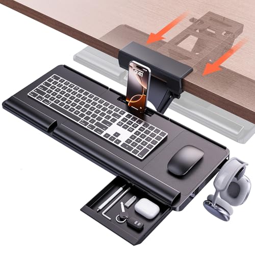 Klearlook スライド式キーボードトレイ 机拡張 クランプ＆ネジ固定式 [角度/高さ調整] ヘッドホンフッ..