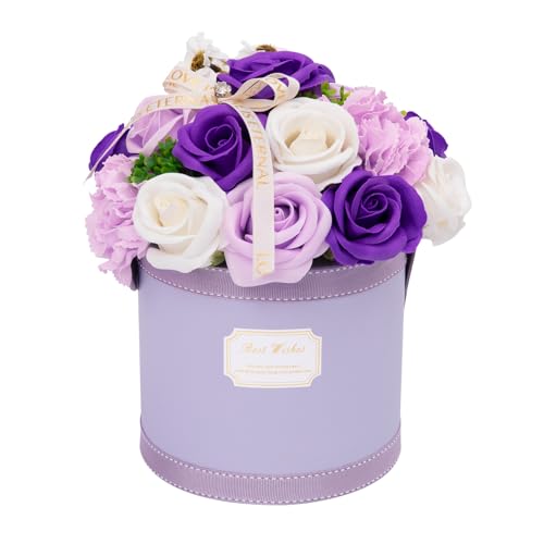 Akiraki ソープフラワー 花束 バラ 造花 枯れない花 そのまま飾れるブーケ ブーケ インテリア ギフト 誕生日プレゼント女性 母の日 お祝い 退職 卒業式 転居 お見舞い 贈り物(ダブル紫・白)