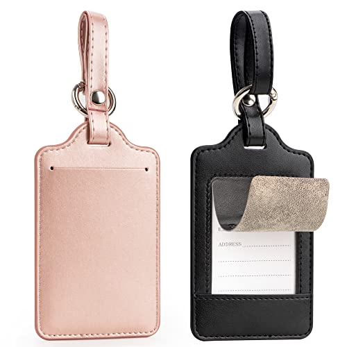 ［2枚セット］ 荷物タグ ネームタグ - スーツケースタグ 紛失対策 名前ラベル IDカード用 社員証 レザー バッグ用ネームタグ ビジネス 防塵 番号札 出張用 旅行 軽量 Migeec (ブラック+ローズゴールド, 2枚セット)