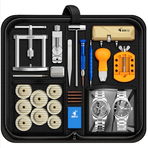 JOREST腕時計修理工具セット+裏蓋閉め器、電池交換工具、こじ開け時計オープナー、時計ベルト調整、時計バンド交換工具、時計こうぐ、時計キット、時計でんち交換工...