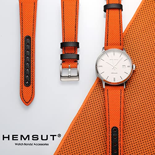 時計バンド Hemsut 本革とナイロン製腕時計バンド (20mm オレンジ+ブラック) クイックリリース時計ベルト ステンレスシルバー時計バックル尾錠 Hemsut watch band 4色、3サイズ選べる