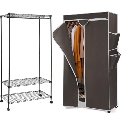 AZAKBL ハンガーラック幅92×奥行46×高さ173cm ワードローブ クローゼット カバー付き キャスター付 スチールラック メタル スリム 省スペース ...