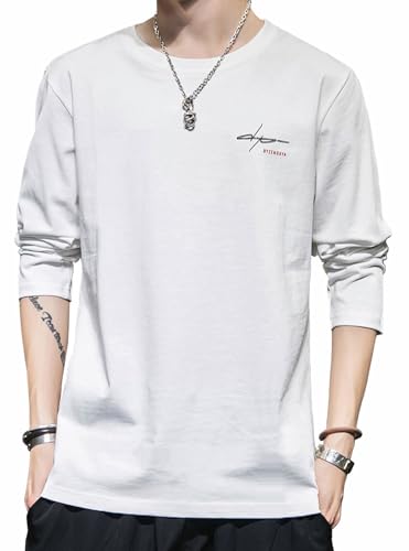 [OKJCON] tシャツ メンズ 長袖 秋 無地 綿 おしゃれ 大きいサイズ (JP, アルファベット, L, ホワイト)