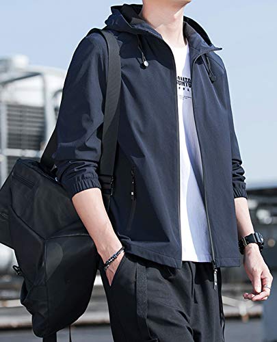 [OKJCON] ジャケット メンズ 秋 ブルゾン おしゃれ カジュアル ビジネス フード付き 防風 おおきいサイズ (JP, アルファベット, 3XL, ネイビー)