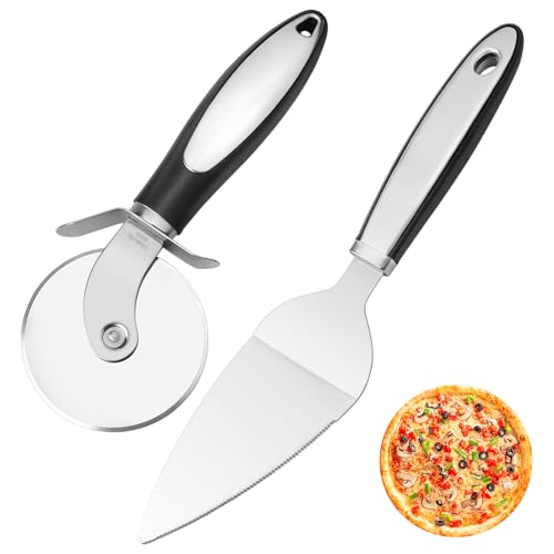 TAOTOO ピザカッター ステンレス 2点セット 回転式 ピザナイフ 滑りにくい ケーキサーバー 指保護装置 ..