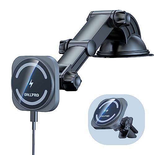 OHLPRO Mag-Safe対応 車載スマホホルダー マグネット 15W ワイヤレス充電器 吸盤&伸縮アーム iphone16/15/14/13/12シリーズ最適 iphoneシリーズ/Sony Xperia/Sumgsung Galaxyなど機種にも対応 スマホホルダー 車