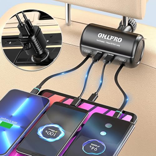 OHLPRO 車 充電器 後部座席用 シガーソケット付き【2in1巻き取り式充電ケーブル&4ポート】110W急速充電 Type-C/ライトニングケーブル/USBポート/PDポート iPhone/Android/HuaweiなどスマホとiPadなどタブレットに対応 カーチャージャー