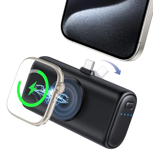 RORRY【モバイルバッテリー iPhone 15/16とApplewatch同時充電 Type Cコネクター一体型】5000mAh Power Bank 急速充電 パススルー充電 コードレス applewatch充電器 小型 軽量 直接充電 iPhone 16/16 Plus/16Pro /16 Pro Max/iPhone