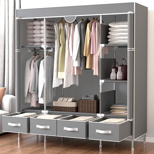 ワードローブ 大容量 収納クローゼット 引き出し4つ付き フードハンガー 簡単組立式 調節可能なスペー..