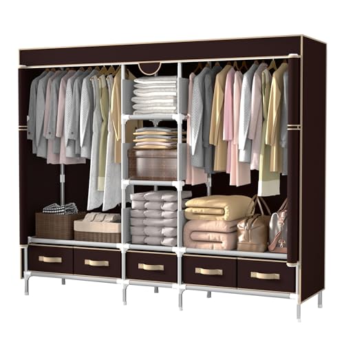 ワードローブ 引き出し5つ付き 大容量 収納 クローゼット おしゃれ 不織布 簡単組立式 ハンガーラック ..