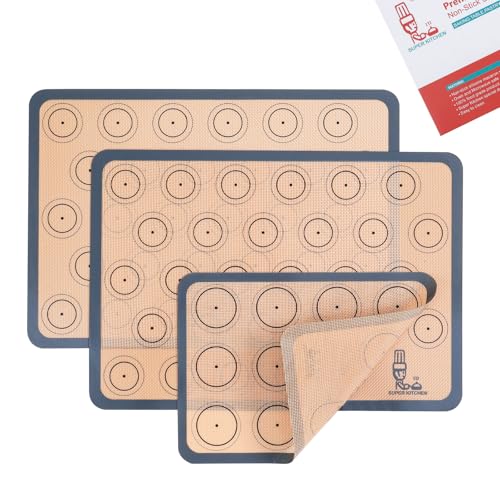 SUPER KITCHENマカロン クッキー シートクッキングマット 3枚セット 食品級シシリコン 製菓マット キッチン パン/クッキー/ピザ ベーキングマット オーブン 電子レンジ 対応 耐熱 プレースマット (グレー, 42x29.5cm、29.2×21.6cm)