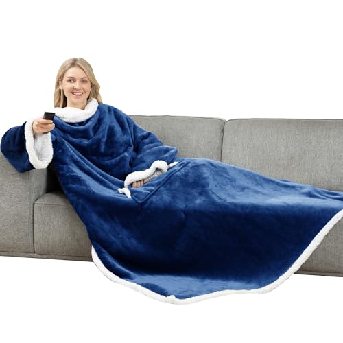 [Winthome] 袖付き毛布 裏ボア 極暖 着るブランケット 大人用 厚手 メンズ レディース 大きいサイズ 冬 防寒 ソファー オフィス リビング 暖かい 洗える ギフト対応 ポケット付き (ネイビー, 140×180CM)