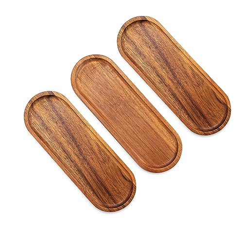 BILL．Fアカシア天然木楕円型トレー(28x10x1cm)、三つの長い楕円型のトレーがセットで、小さな家の装飾..